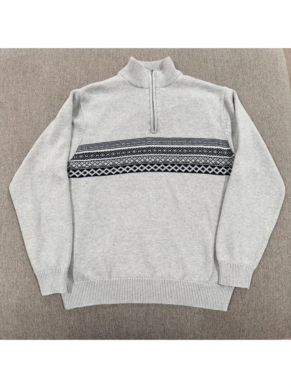 David Taylor Quarter Zip Sweater Mens L Gray Cotton Nordic Fair Isle Mock Neck